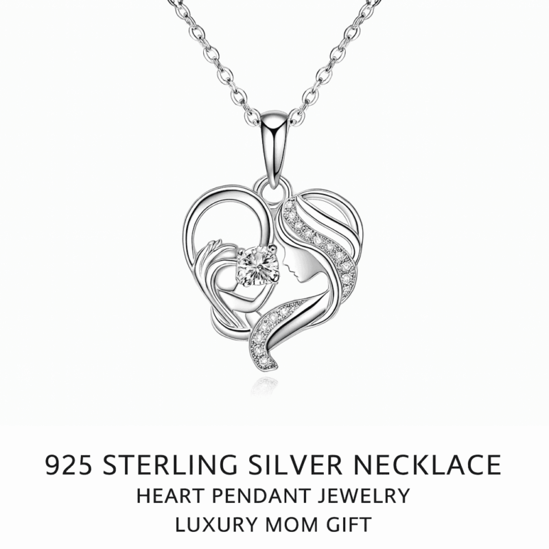 925 Sterling Silver Mother and Child Heart Necklace – A perfect gift for mom, with customizable letter pendants and a stylish cross chain.