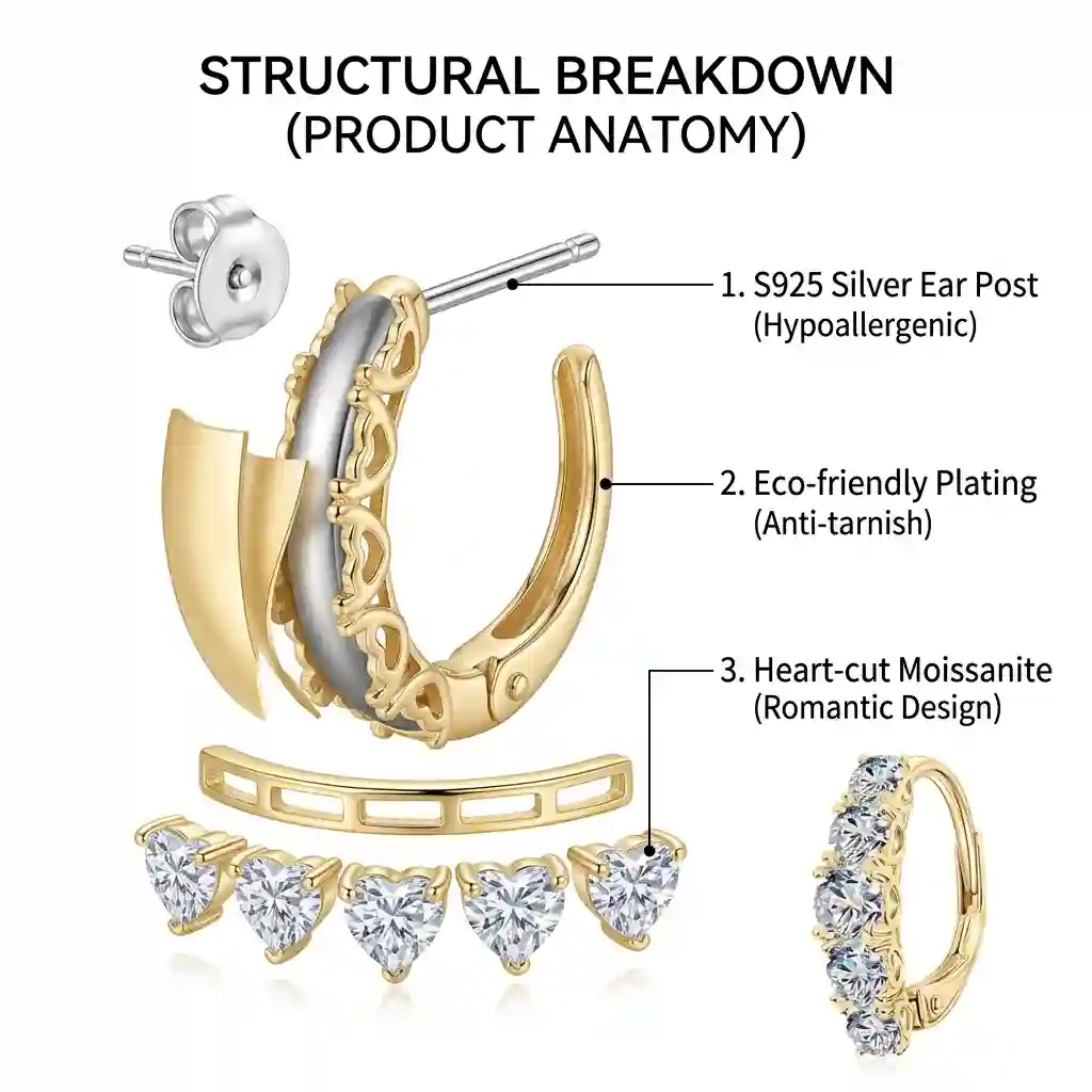 luxury gra moissanite heart clip-on earrings - 925 silver, 18k gold S925 Silver Electroplating Process - Hypoallergenic Moissanite Heart Clip-On Earrings craftsmanship