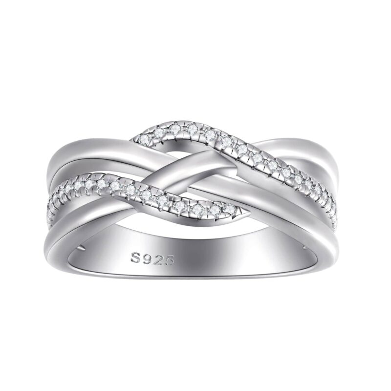 S925 Sterling Silver Twisted Woven Zirconia Ring – Exquisite double-ring design, versatile and minimalist for women, suitable for everyday wear, made of hypoallergenic material, a perfect gift for her.