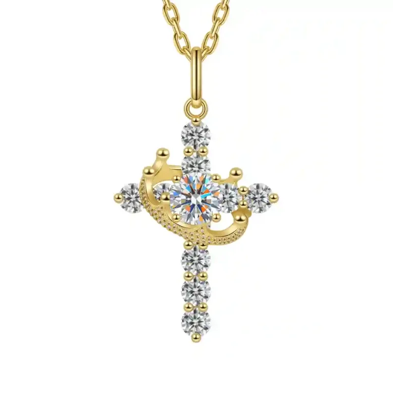 Unisex 925 Sterling Silver Moissanite Crown-Cross Necklace - 1.1 ct Brilliant Cut, Iced-Out Hip-Hop Pendant, 18K Gold/White