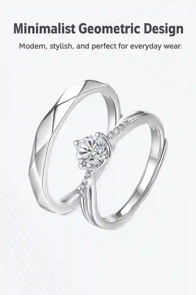 S925 Sterling Silver Couple Rings with AAA+ cubic zirconia, hypoallergenic white-gold plating and an adjustable open-band design - perfect anniversary gift