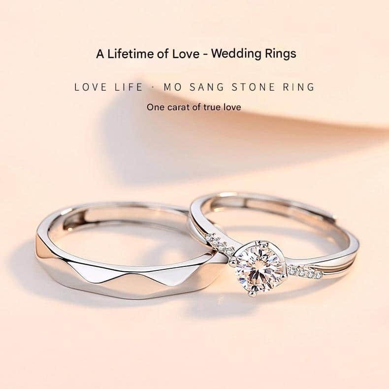 Eternal Love S925 Sterling Silver Couple Ring Set – Adjustable Opening White Gold Band, Simple Geometric Design, Perfect Anniversary and Valentine's Day Gift