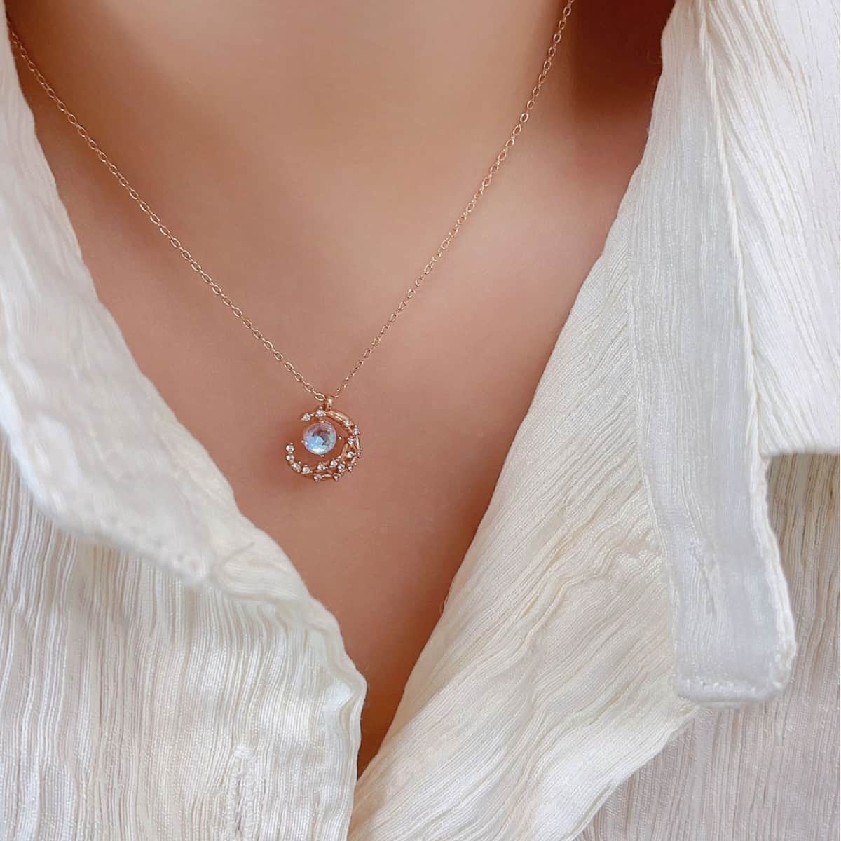 S925 Moonstone Crescent Necklace – Simple starry sky pendant, exquisite sterling silver jewelry, adjustable chain, hypoallergenic, a perfect gift for her. - Image 7