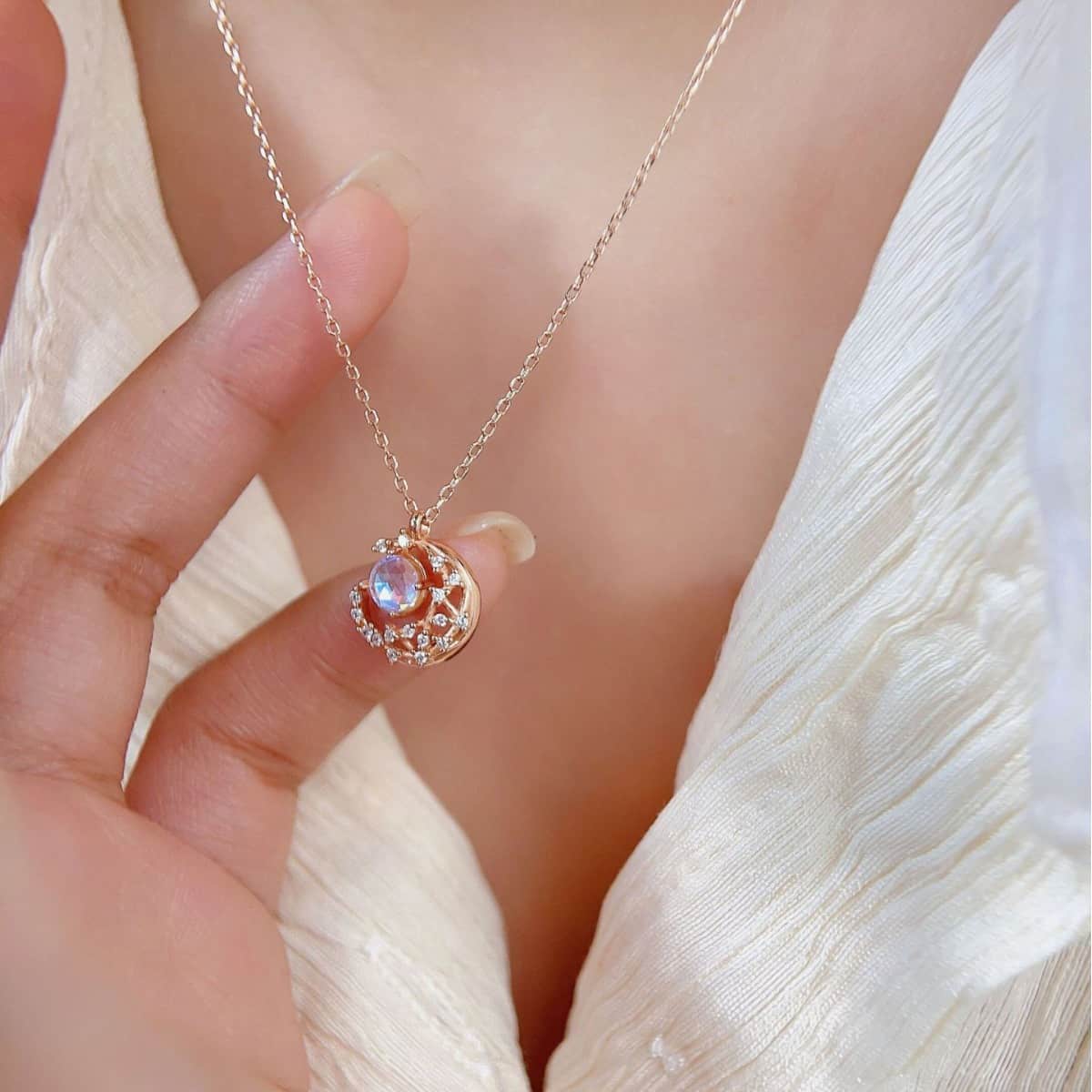 S925 Moonstone Crescent Necklace – Simple starry sky pendant, exquisite sterling silver jewelry, adjustable chain, hypoallergenic, a perfect gift for her. - Image 8