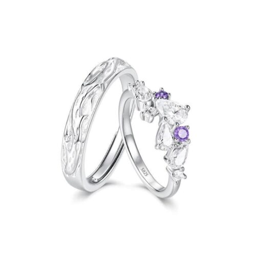 925 Sterling Silver Wisteria Couple Rings – Adjustable Floral Pattern Promise Jewelry, Anniversary and Engagement Gift