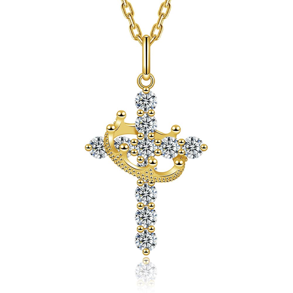 S925 Moissanite Crown Cross Necklace – 18K gold-plated sterling silver, fully pavé-set sparkling pendant, a fashionable piece of jewelry suitable for both men and women, a perfect gift for him.