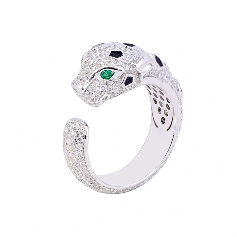 Luxury S925 Sterling Silver Gold-Plated Leopard Head Ring for Women – Adjustable animal print, set with sparkling cubic zirconia stones