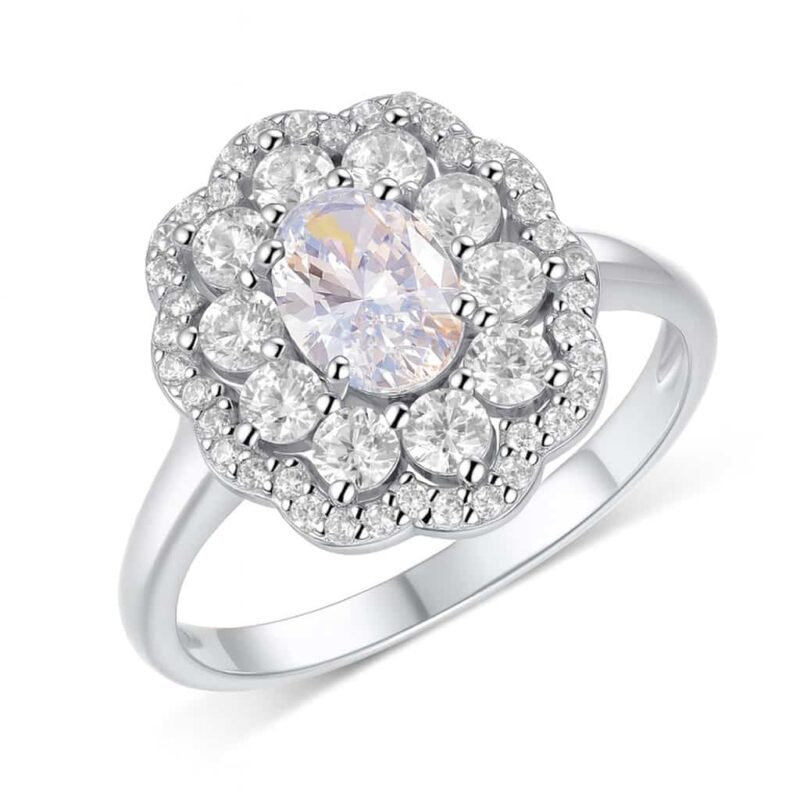 Women's 1 Carat Oval Moissanite Ring – S925 Sterling Silver Double-Layer Floral Halo Design, Gold/Platinum Plated, Vintage Luxury Engagement and Party Jewelry