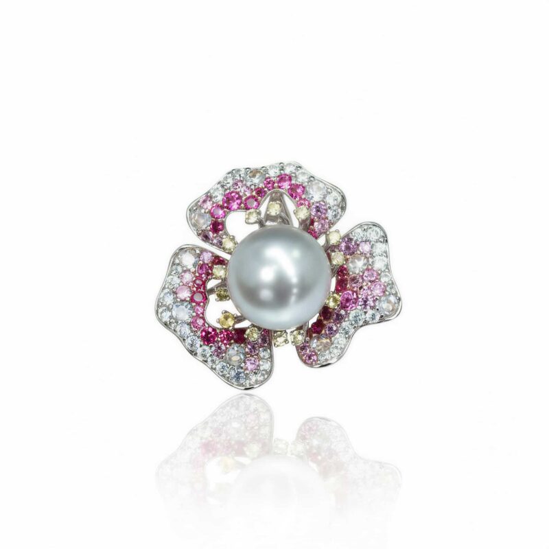 Handcrafted 925 Sterling Silver Gold-Plated Rose Ring – 12mm White Venus Shell Pearl & Sparkling Accents, Romantic Floral Statement Jewelry for Women