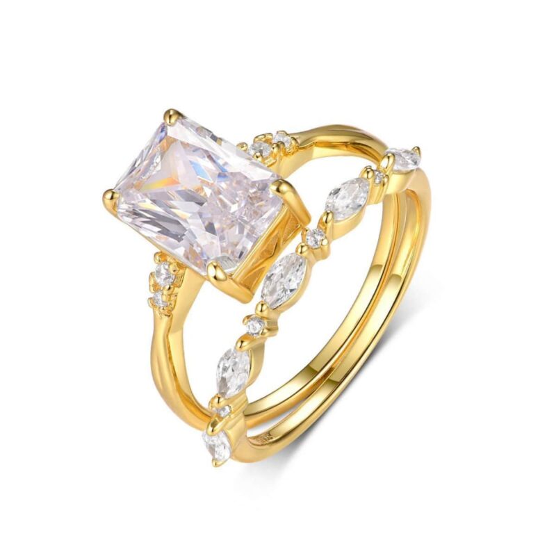 S925 Sterling Silver 3.5-Carat Moissanite Ring Set – Square Halo Engagement Ring and Stacked Rings | Elegant Geometric Bridal Jewelry in Gold/White Gold