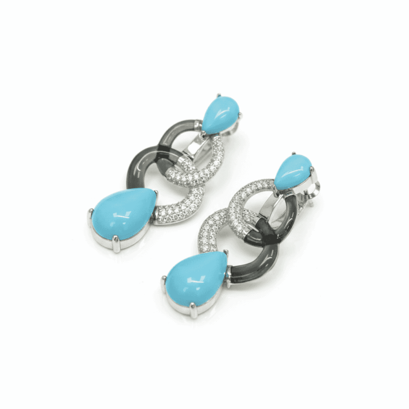 Silver Eclipse Geometric Teardrop Earrings - 11.5 carat natural blue-green turquoise and diamonds in 925 sterling silver, unique women's jewelry.