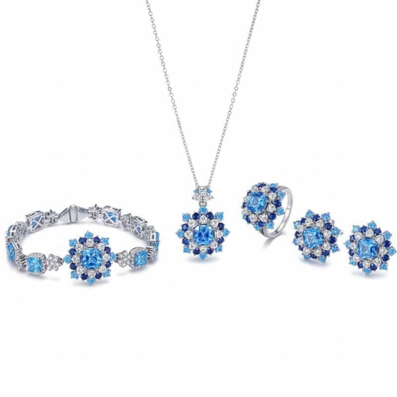 Women's Sapphire Jewelry Set 925 Sterling Silver necklace earrings bracelet ring hypoallergenic