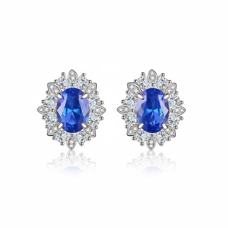 925 Sterling Silver Oval Stud Earrings for Women | 3CT Solitaire Zirconia in Ruby, Emerald & Sapphire Blue | Hypoallergenic J