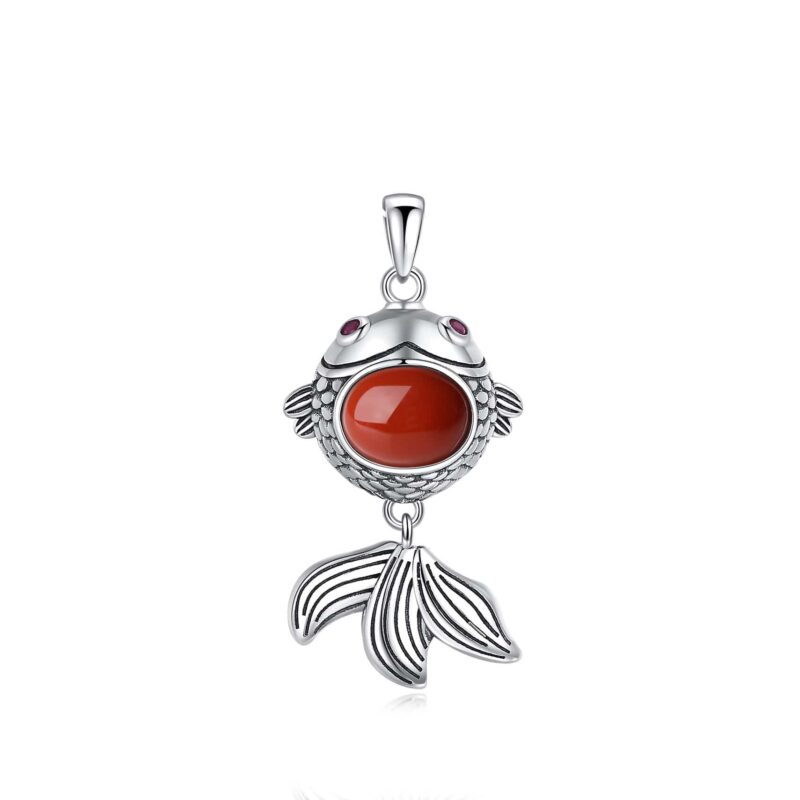Handcrafted 925 Sterling Silver Koi Necklace - Natural Hetian Jade and Red Agate Pendant - Auspicious Women's Amulet Jewelry