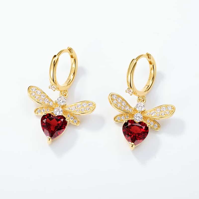 Natural Red Garnet Bee Earrings for Women - 925 Sterling Silver 10K Gold Plated Honeybee Studs - Hypoallergenic Nature Jewelry Gift