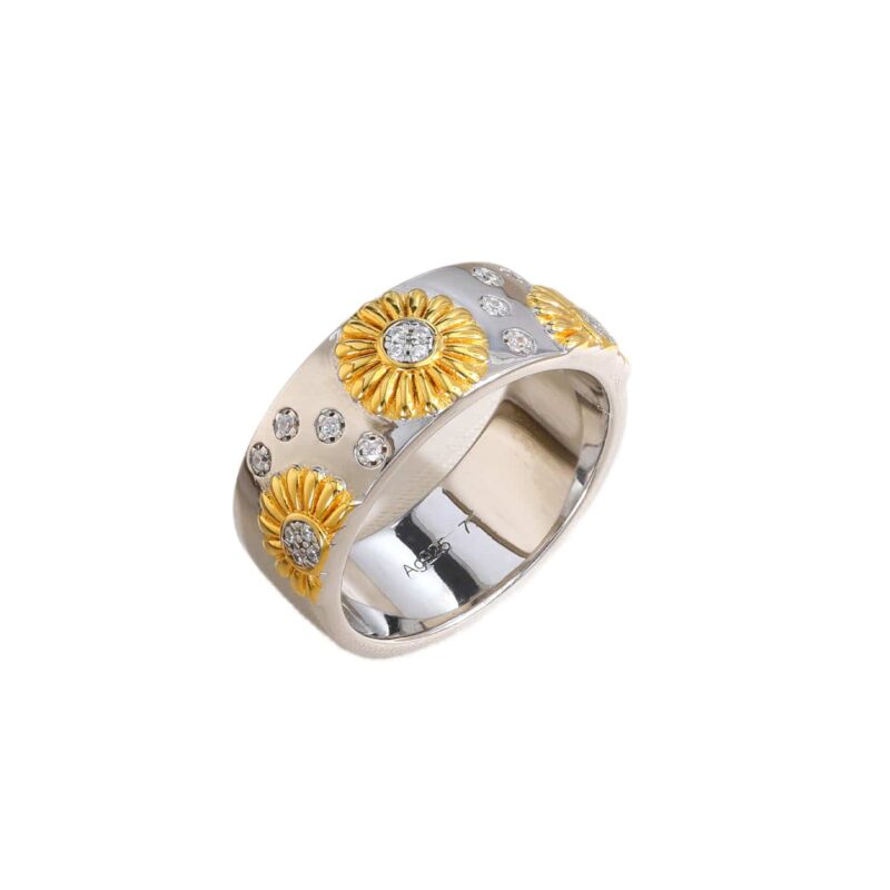 925 Sterling Silver Daisy Ring (Women's) | Two-tone Gold Wide-band Flower Ring | Cubic Zirconia Sunflower Jewelry | Hypoallergenic, a perfect gift for her.