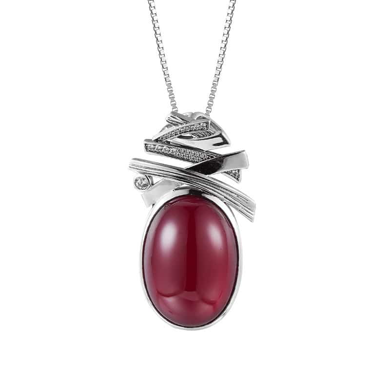 ELLIPSE ETERNAL - Ruby Red Gemstone Solitaire Pendant Necklace in S925 Sterling Silver, Bold Geometric Statement Jewelry, Unique Anniversary Gift for Her