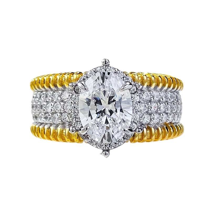 925 Sterling Silver Oval Solitaire Ring | 6x8mm Geometric Two-Tone Gold Band | Hypoallergenic Fine Jewelry Gift for Her