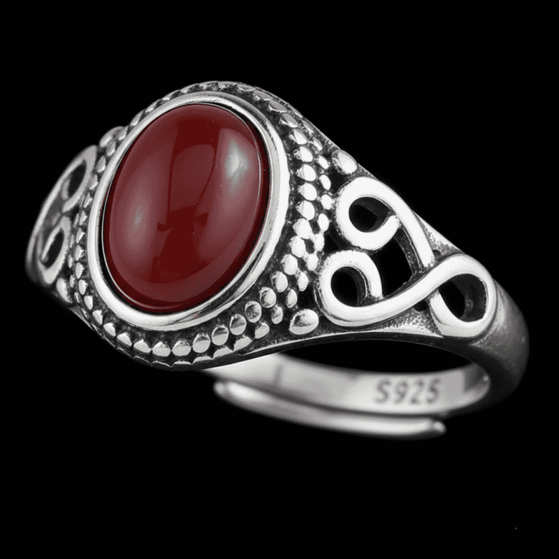 retro-style 925 sterling silver ring, inlaid with southern red agate & turquoise