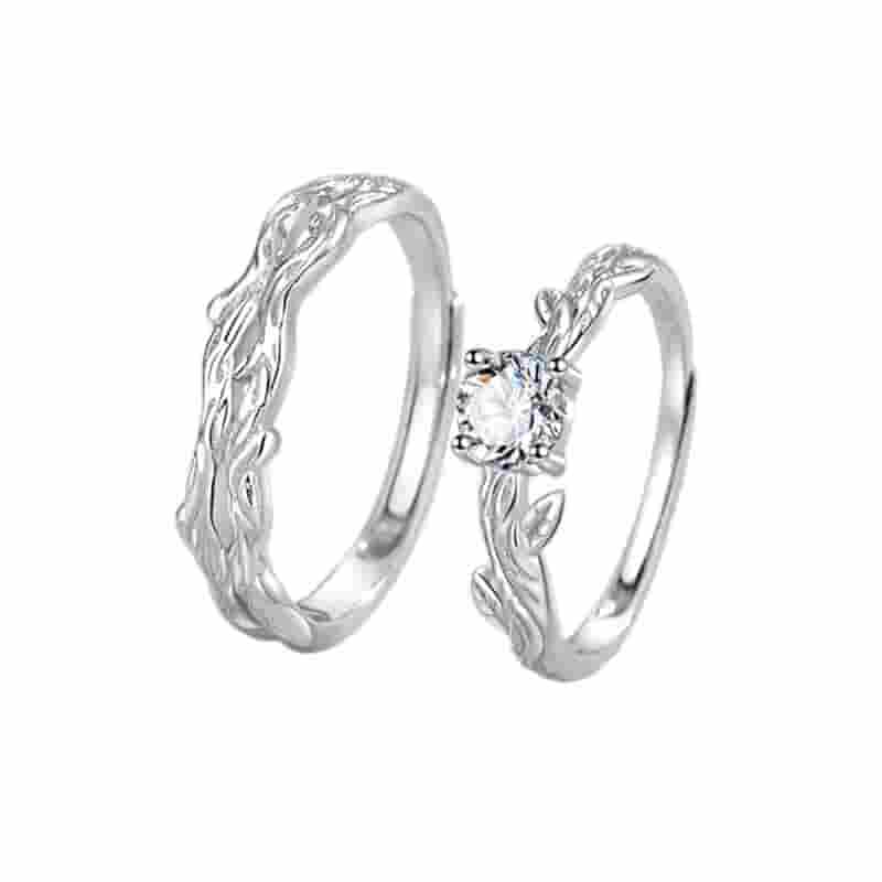 999 Pure Silver Moissanite Couple Rings Interlocking Branches Design