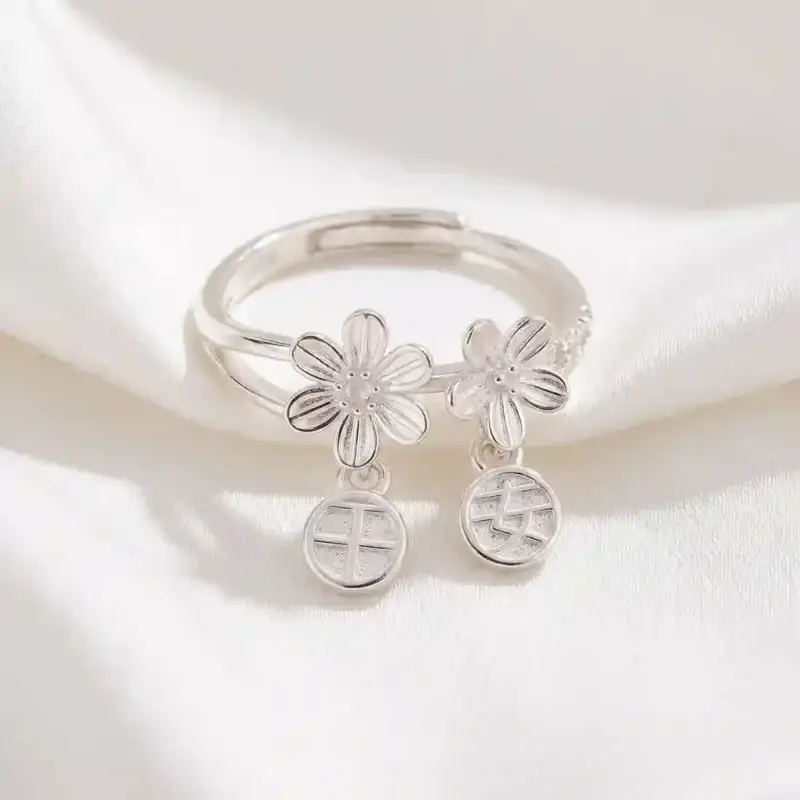 Plum Blossom Peace Ring S999 Pure Silver adjustable band with five-petal design