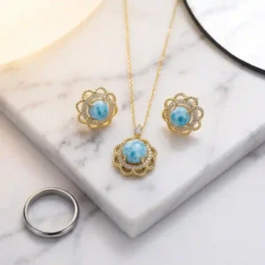 alt="Stunning Larimar earrings set in handcrafted 925 sterling silver