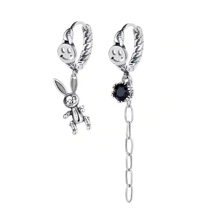 S925 Silver Asymmetric Rabbit Earrings with vintage tassel design