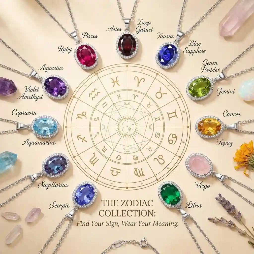 Zodiac birthstone necklace meaning chart showing twelve color options for each star sign from Aries to Pisces in 925 silver