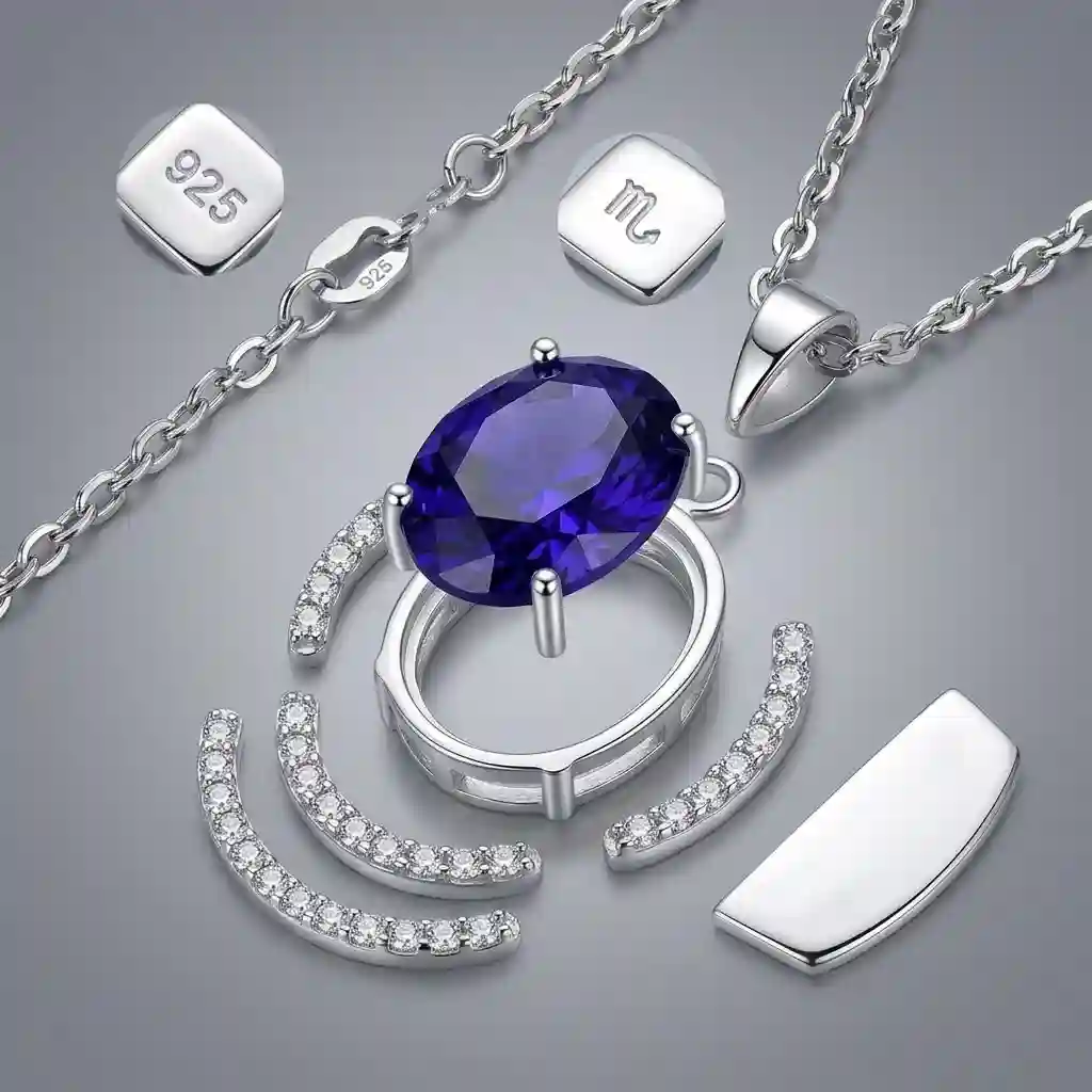 925 sterling silver setting of zodiac birthstone necklace with faceted oval CZ gemstone and rhodium plating close-up detail