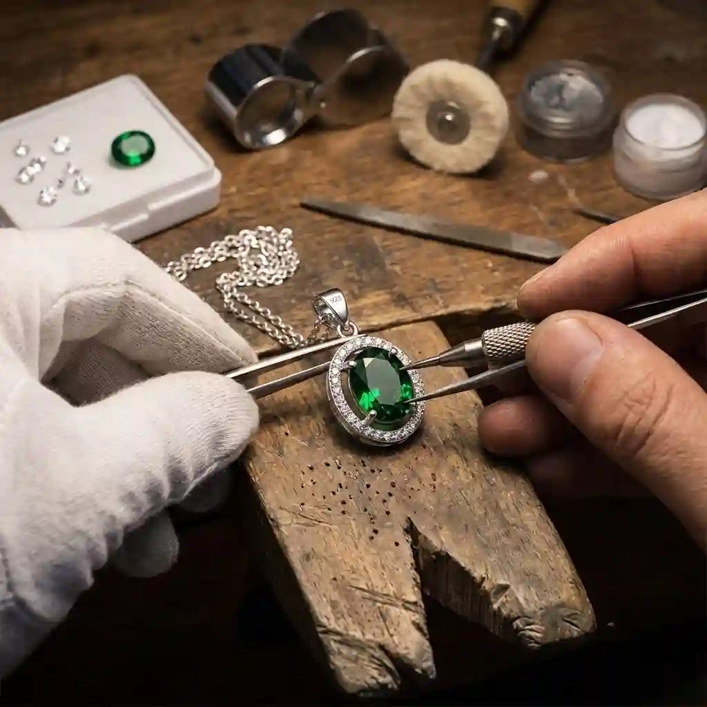 Craftsmanship process of zodiac birthstone necklace showing 925 sterling silver pendant being polished and CZ stone set by artisan