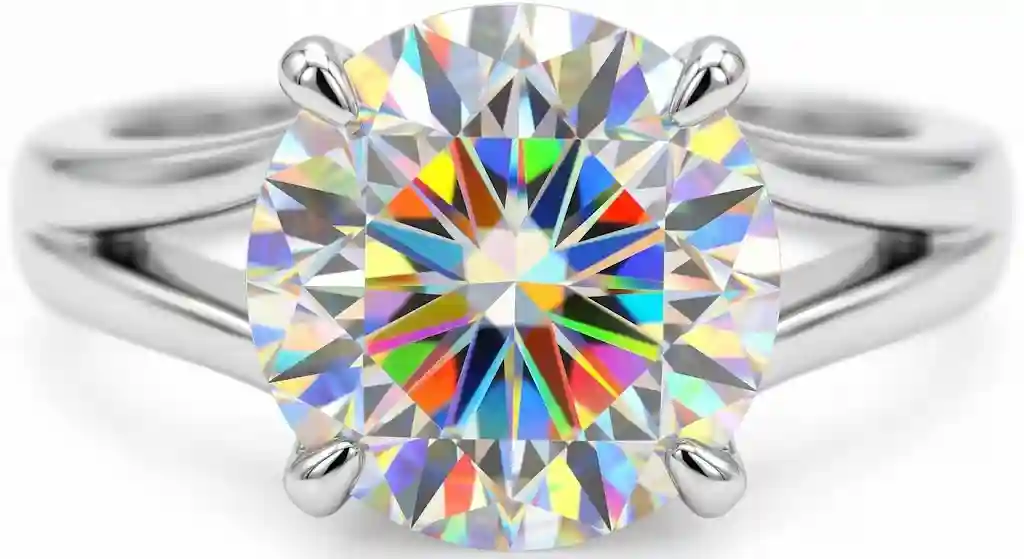 Extreme close-up of 1.5ct moissanite ring showing D-color VVS1 round brilliant stone with rainbow fire and prismatic sparkle — GRA certified