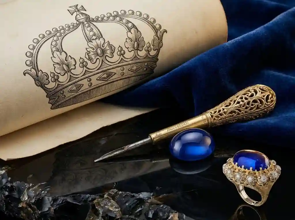 Vintage Royal Blue Cabochon Ring design story: medieval monarch sapphire robes, European crown jewels and Italian Buccellati gold engraving heritage inspiring the vintage geometric gold frame.