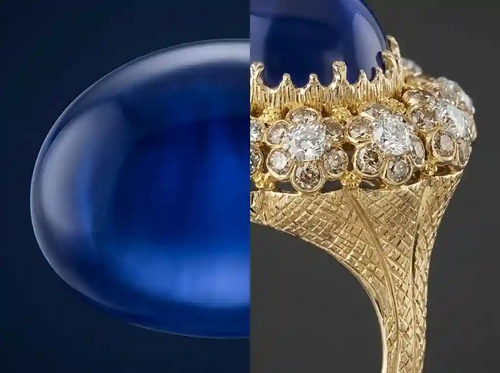 Vintage Royal Blue Cabochon Ring material specification: split view showing oval royal blue cabochon sapphire depth and 18K gold brushed engraved hammered band with flower-motif mixed-color diamond halo.