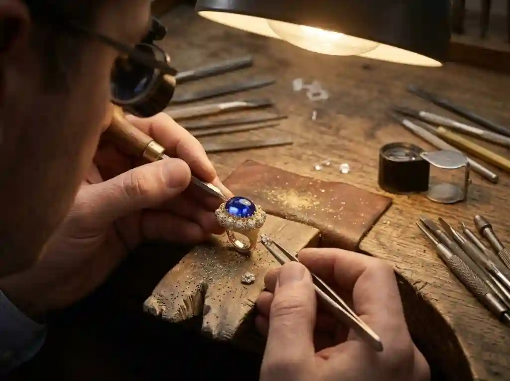 MIRAMETAL Vintage Royal Blue Cabochon Ring craftsmanship: artisan hand-setting oval cabochon sapphire in gold crown prong setting, engraving flower-motif diamond halo on 18K gold band with Buccellati-style tools.