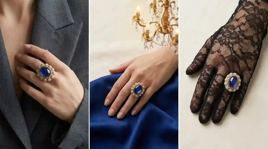 Vintage Royal Blue Cabochon Ring styling guide: worn for gala royal, power statement, and evening drama. Deep blue cabochon with gold engraved band telegraphing heritage confidence.