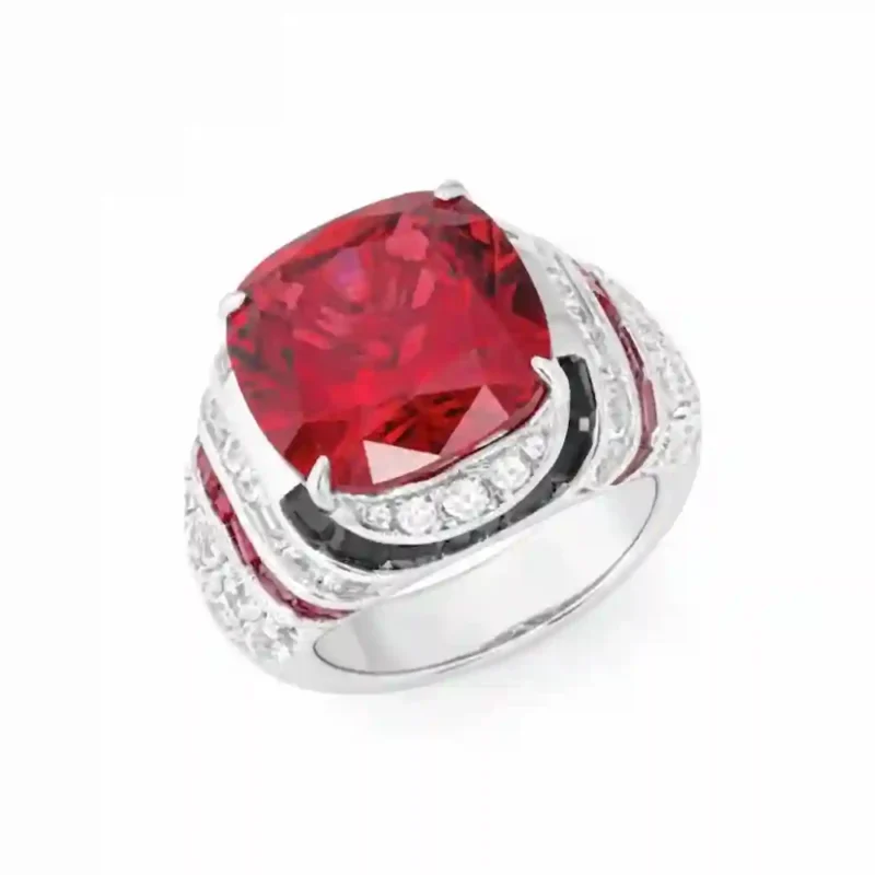 lab grown ruby ring 14ct octagonal 18k gold 925 silver cushion cut pigeon blood red statement ring on dark charcoal luxury background
