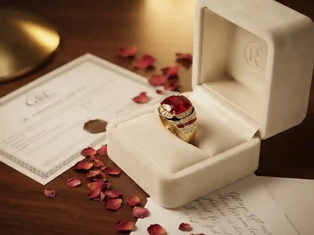 925 silver jewelry maintenance luxury gift presentation of lab grown ruby ring 14ct octagonal 18k gold 925 silver in cream velvet gift MIRAMETAL