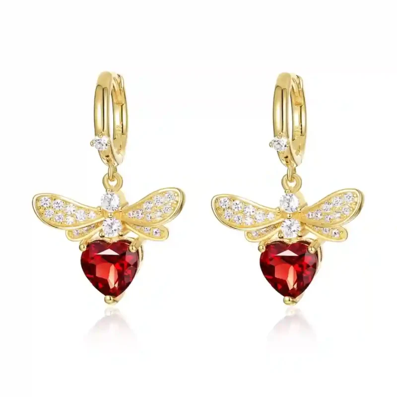 Garnet bee earrings natural red garnet 10K gold plated 925 sterling silver honeybee studs dark studio background MIRAMETAL