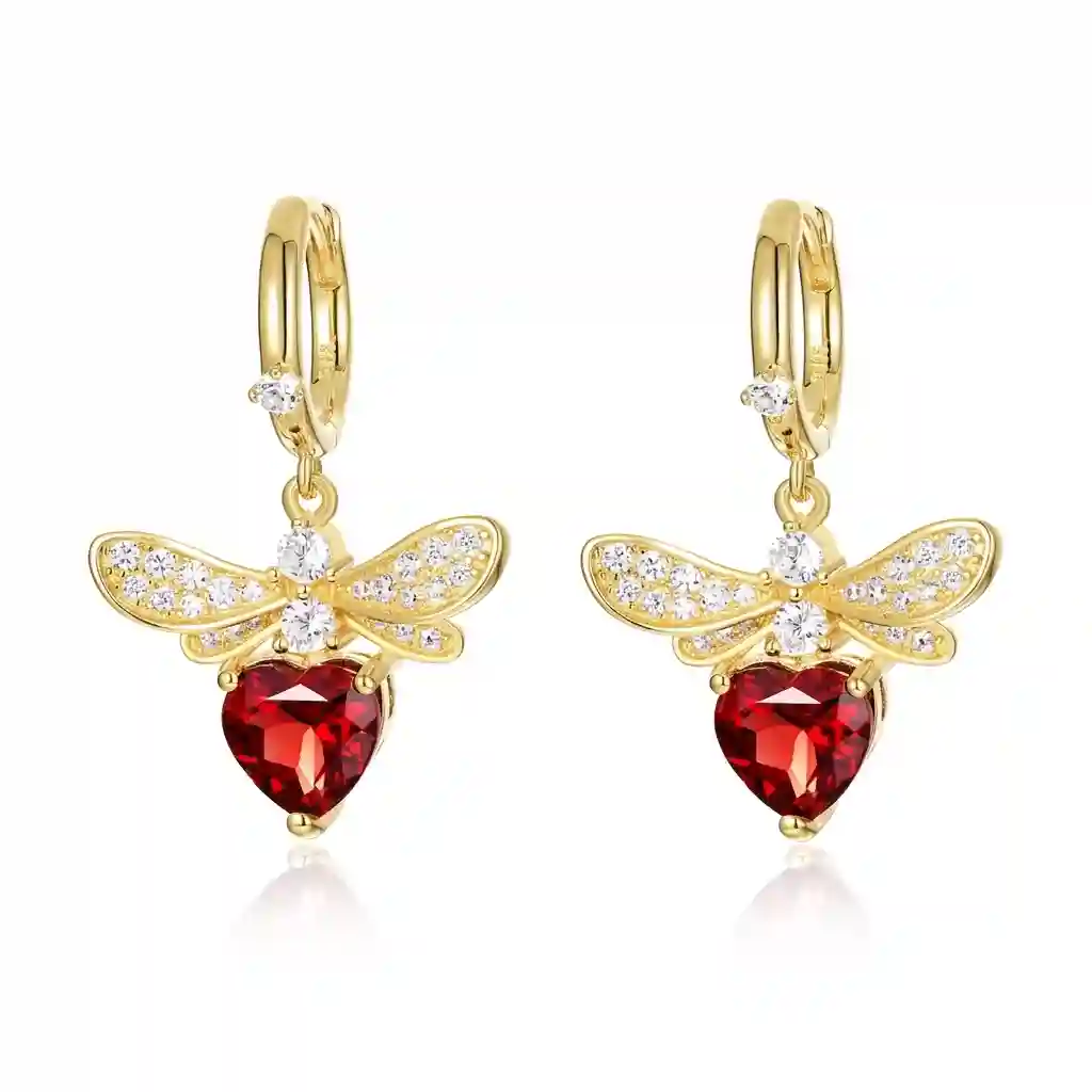 Garnet bee earrings natural red garnet 10K gold plated 925 sterling silver honeybee studs dark studio background MIRAMETAL