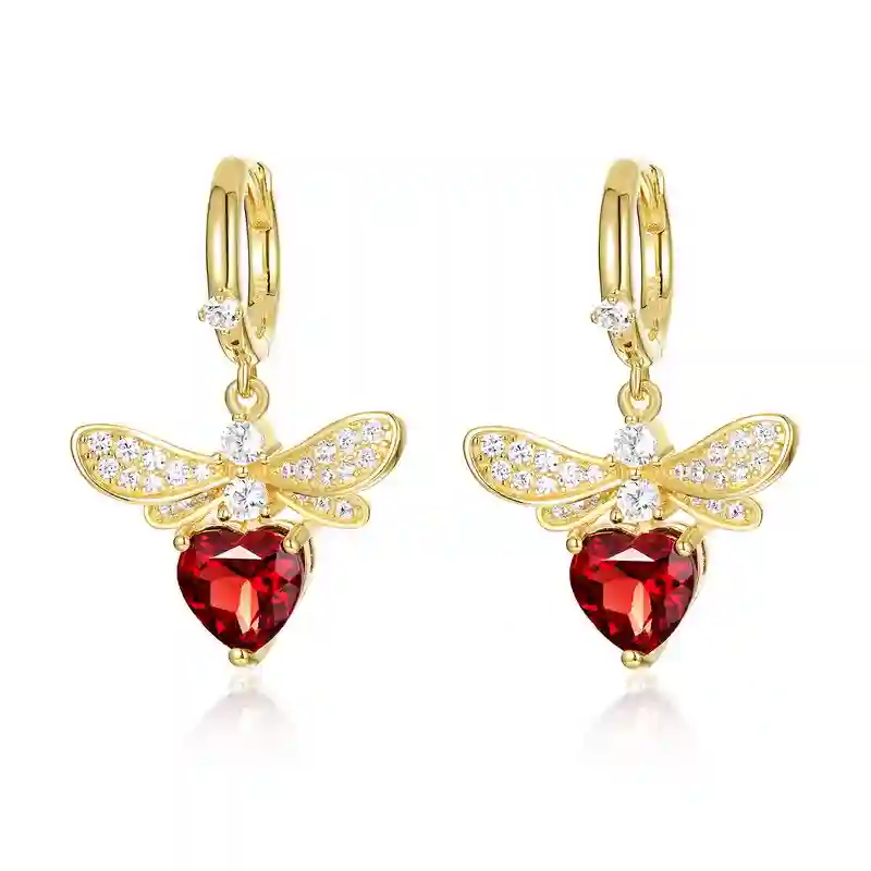 Sterling silver Garnet Bee Earrings - Natural Red Garnet 10K Gold 925|M | front view, photo 1 of 6 | MIRAMETAL