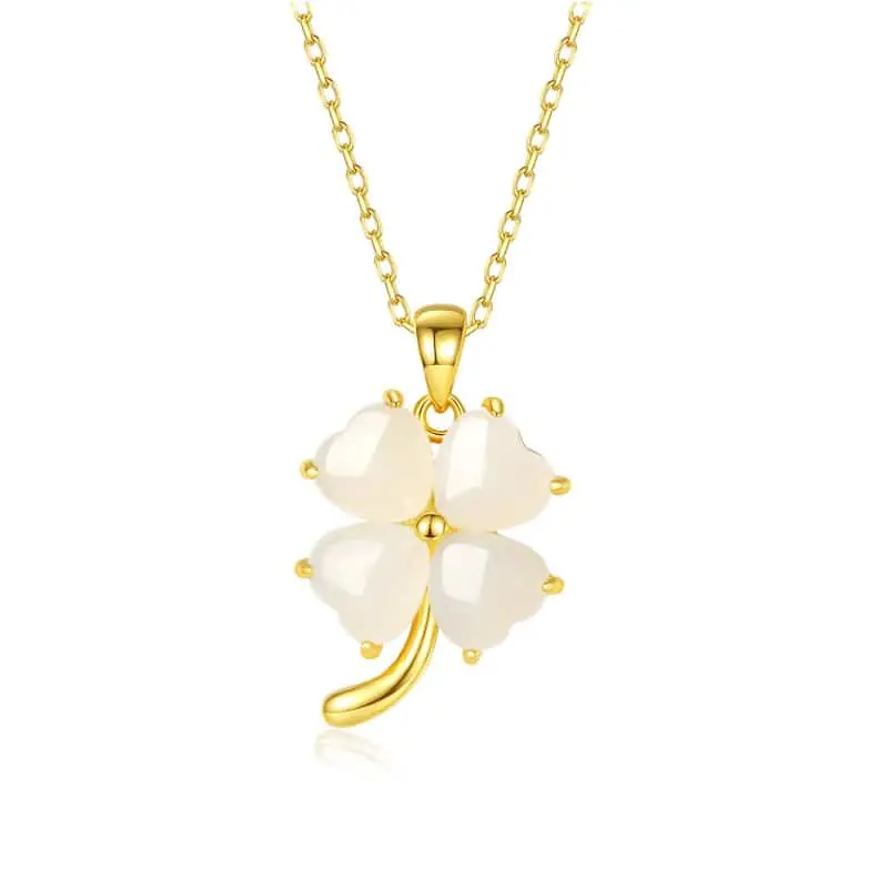 Handcrafted Jade Clover Necklace - Natural Hetian Jade 925 Silver|M | front view, photo 1 of 5 | MIRAMETAL