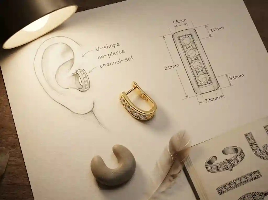 U-shape ear cuff design inspiration moodboard: ear anatomy sketch with U-shape silhouette, channel-setting layout drawing, four CZ stones, 18K gold-plated S925 silver finished cuff on aged art paper