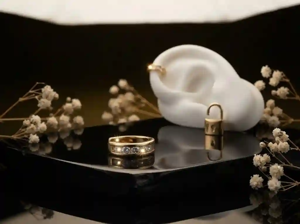 U-shape channel-set zirconia ear cuff on polished obsidian symbolizing freedom without commitment four CZ stones representing clarity and confidence no-pierce empowerment