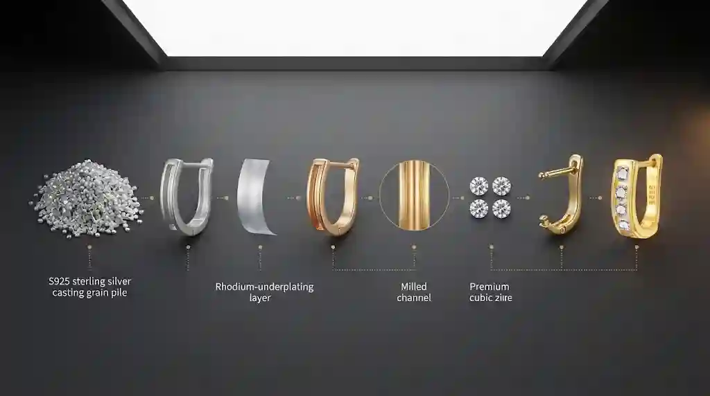 Exploded view of U-shape ear cuff components: S925 silver U-frame, 18K gold-plated layer, rhodium underplating, four round-cut CZ stones, channel groove, hinge-pin closure on dark gray surface