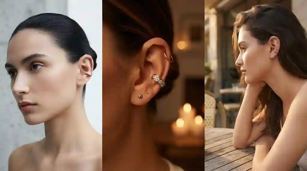 Three styling looks with U-shape channel-set zirconia ear cuff: solo edgy minimal on upper ear, curated ear-party with studs and hoops, no-pierce gift styling for unpierced ears