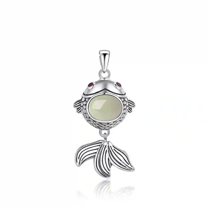 Front view of a sheep‑fat white Hetian jade koi‑fish pendant set in vintage‑finish 925 sterling silver, hanging on a chain.