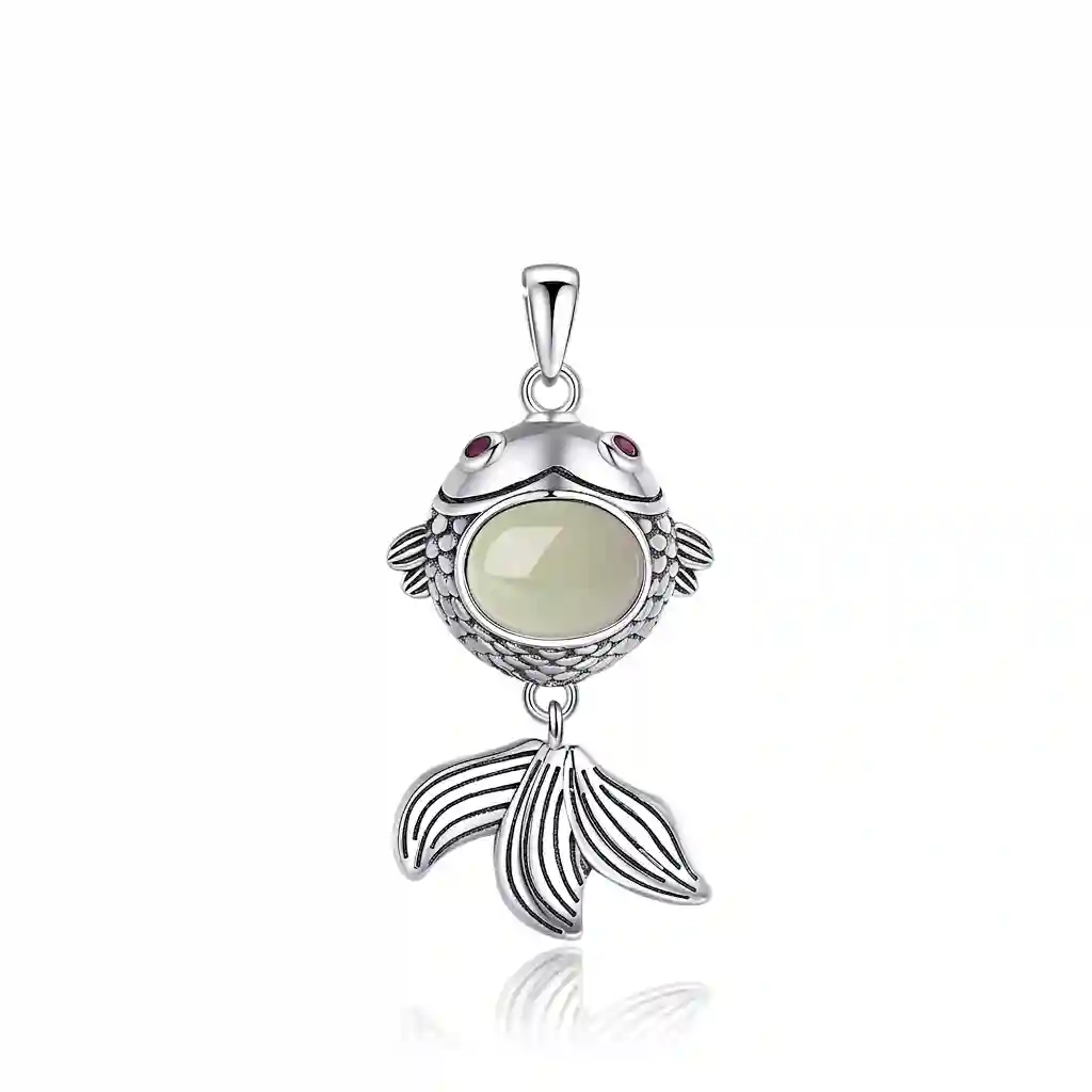 Front view of a sheep‑fat white Hetian jade koi‑fish pendant set in vintage‑finish 925 sterling silver, hanging on a chain.