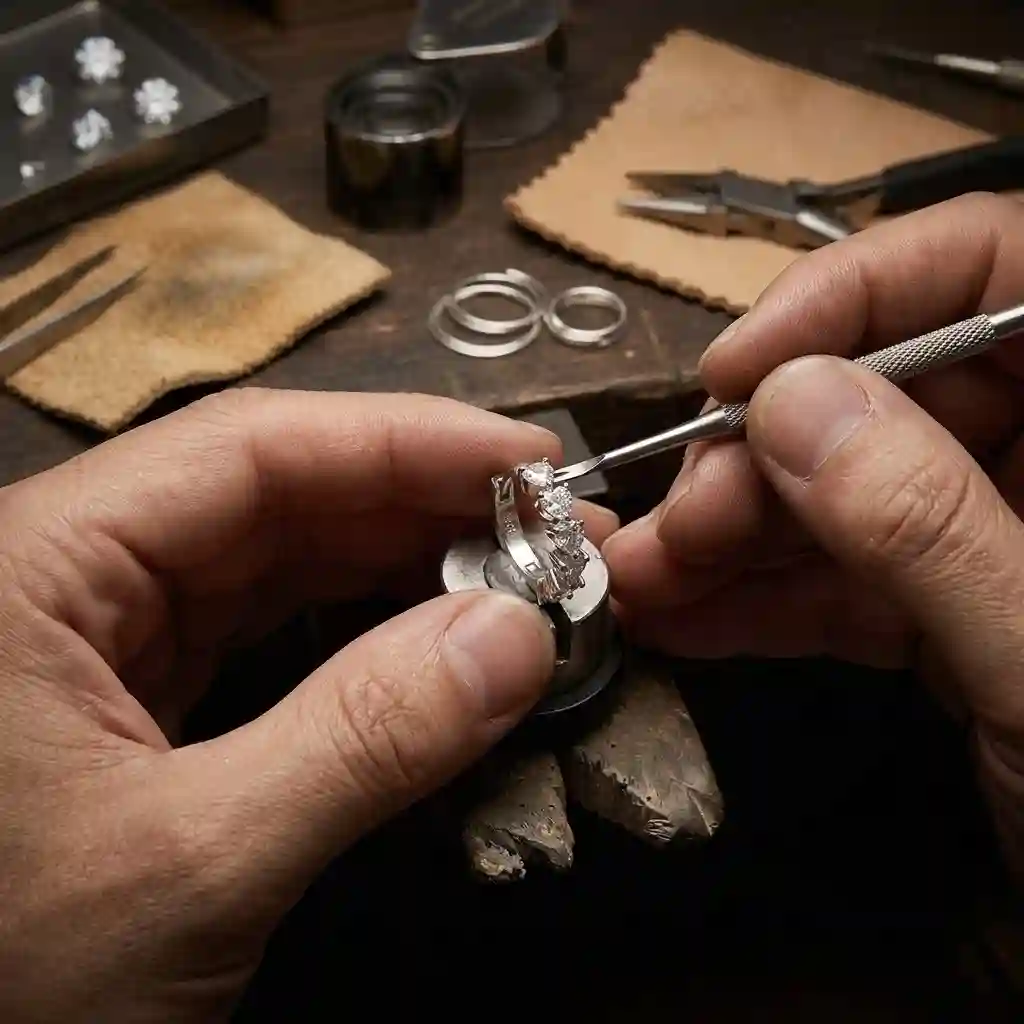 An artisanal workshop scene showing the craftsmanship behind the heart-shaped moissanite earrings. In the foreground, a single heart earring is held by a specialized jewelry setting tool or tweezers, partially finished — the prongs are visible, awaiting final polishing. A craftsman's hands (only the hands visible, highly detailed, natural skin texture) are shown delicately working on the piece using fine jewelry tools. In the background, a softly lit workbench with a jeweler's loupe, small pliers, a polishing cloth, and a gemstone tray are subtly visible. The mood is authentic, artisanal, and refined — a fusion of traditional craftsmanship and modern precision. The color palette is warm metallic, soft leather, and dark wood. Editorial documentary style. Premium artisan narrative. High-end craftsmanship storytelling. 8K ultra HD.