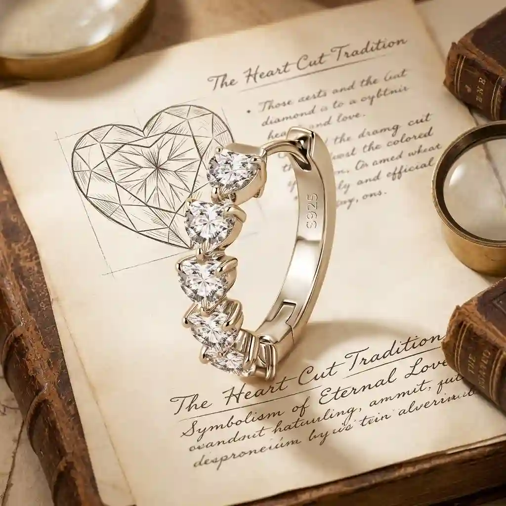 An artistic composition blending old-world inspiration with modern luxury jewelry. A vintage-style sketch or line drawing of a Renaissance-era heart-shaped diamond is faintly layered in the background on aged parchment paper. In the foreground, a modern heart-shaped moissanite earring is featured prominently, displaying brilliant D-color sparkle and precision faceting. The earring rests on a page with delicate handwritten-style script notes about the heart cut tradition. A magnifying loupe and a vintage book are subtly visible at the edge of the composition. The color palette is warm ivory, antique gold, and soft beige. The mood is romantic, heritage-inspired, and artistic. Editorial fine jewelry photography. Van Cleef & Arpels heritage campaign aesthetic. High-end brand storytelling. 8K ultra HD.
