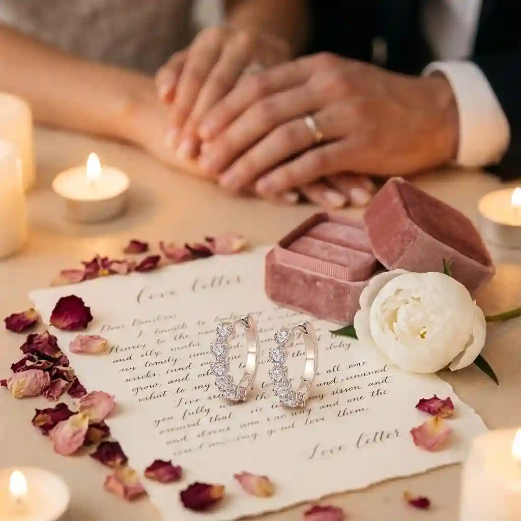 A deeply romantic and emotional visual. A pair of heart-shaped moissanite earrings is elegantly displayed on an open velvet ring box or atop a handwritten love letter on cream stationery. The earrings catch the soft warm light, creating delicate sparkles. In the background, a pair of hands gently intertwined — a bride and groom's hands or a couple's hands — soft focus, symbolizing love and commitment. Dried rose petals, a single white peony, and subtle candlelight complete the romantic tableau. The mood is intimate, emotional, and editorial. The composition tells a love story: these heart earrings are tokens of devotion. Luxury wedding editorial photography style. Inspired by bridal magazine spreads. Soft romantic color palette — blush pink, ivory, warm gold. 8K ultra HD.